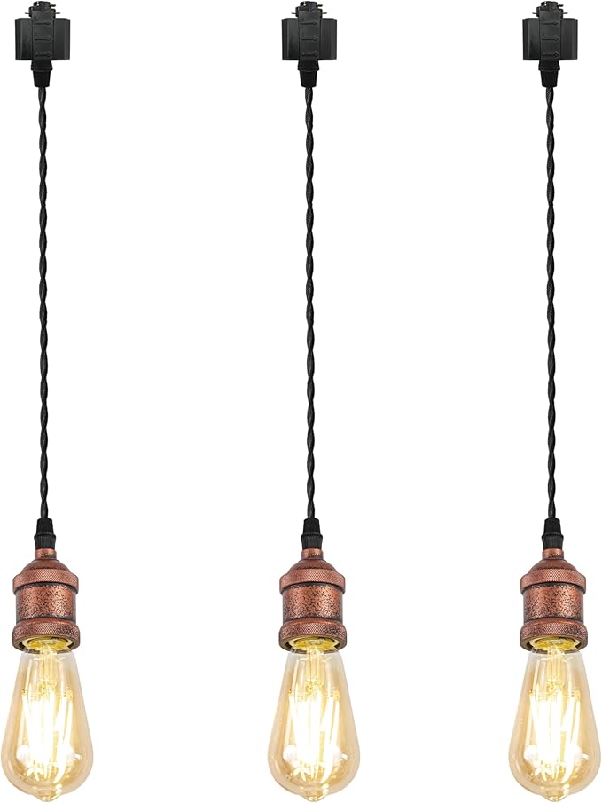 Kiven H-Type Track Lighting Pendants,Industrial h Track Pendant Lights with 31.5 Inch Cord Length Black Weave Rope,3 Pack Track Lighting Fixture,Vintage Red Finish