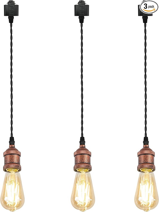 Kiven H-Type Track Lighting Pendants,Industrial h Track Pendant Lights with Aluminum Holder,3-Light Track Lighting Fixture,Vintage Red Finish