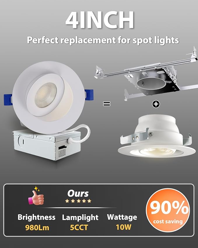 Adetu 4 inch Gimbal Led Recessed Lights, 360°+90° Adjustable Directional Recessed Lighting, 2700K/3000K/3500K/4000K/5000K Dimmable Remodel Eyeball Canless Downlight with Jbox,ETL (White, 4 Pack)