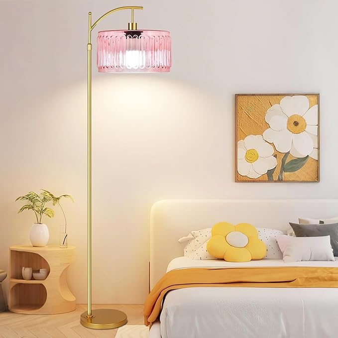 QIYIZM Pink Floor Lamp for Living Room,Bedroom,Gold Dimmable Standing Lamp with Remote,Mid Century Modern Brass Tall Lamp Boho Floor Lamps Arc Stained Glass Flower Floor Light Lamp Girls kids Bohemian