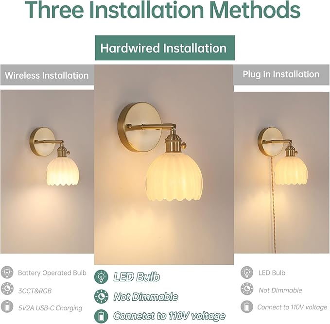 Shenmoyl Vintage Wall Sconces with White Tulip Glass Lampshade 180 Degree Adjustable Brass Sconces Hradwired Modern Wall Lighting Fixture with Switch for Bedside Bedroom Doorway