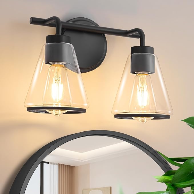 Black Bathroom Vanity Light 2 Lights Bathroom Light Fixtures Over Mirror Vanity Lighting Fixtures with Clear Glass Shade 14 inch Modern Vanity Lights for Bathroom Wall Sconce Lights for Bedroom