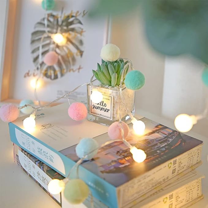 ChiRee Pom Poms Fairy Lights - 6.56 Feet, 20 LED, Battery Operated, Warm White Globe Lights for Home, Bedroom, Kids Playhouse, Holiday, Christmas