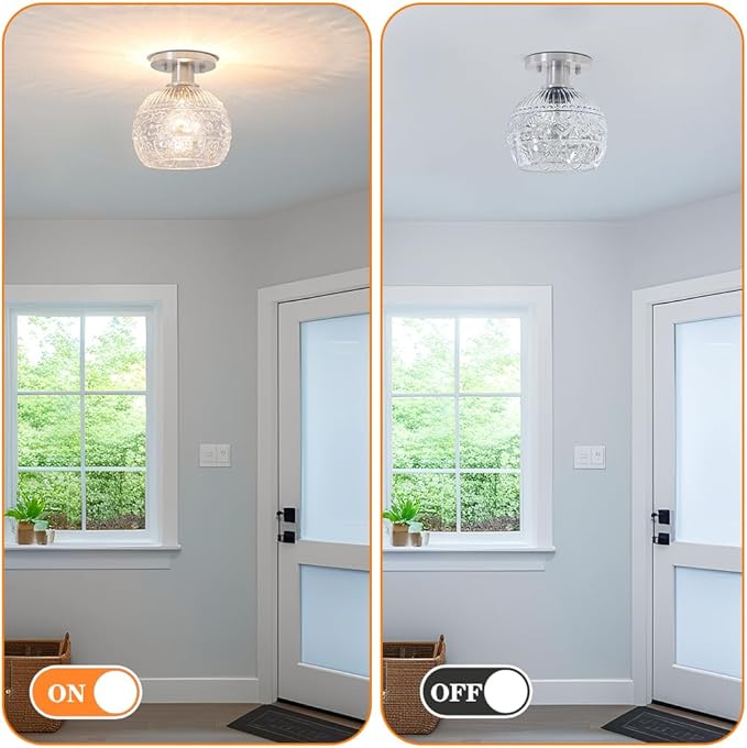 7.09in Brushed Nickel Semi Flush Mount Ceiling Light, Small Vintage Flush Mount Ceiling Light with Globe Glass, Close to Ceiling Lights for Hallway Porch Bedroom, Bulbs Not Included