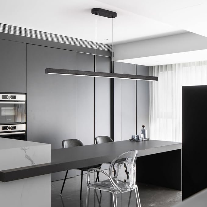YISDESIGN 71" Black Linear Pendant Light Wooden Led Linear Pendant Light Fixtures Ceiling Hanging Dimmable Pendant Lights for Dining Room Kitchen Island Pool Table Lights Black Wood Finish