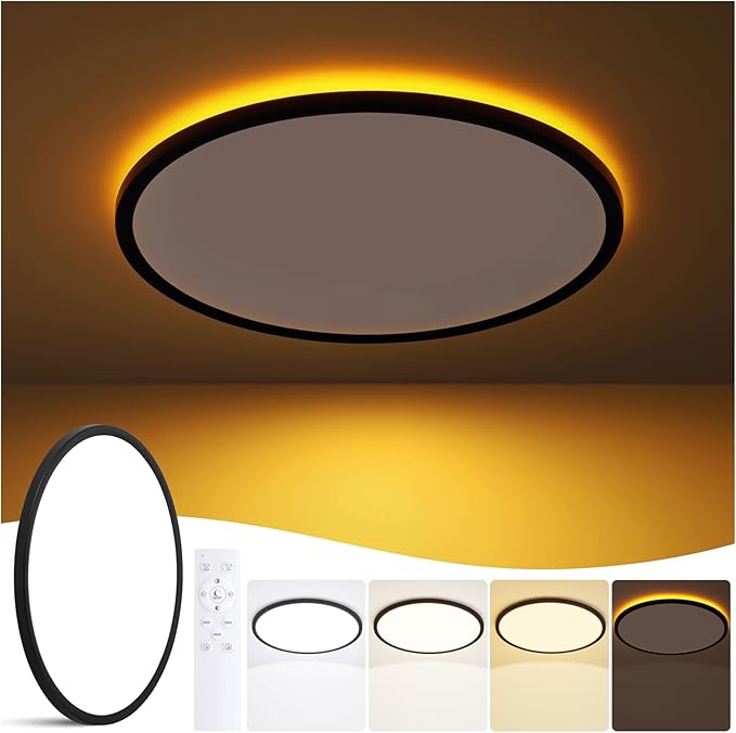 15 Inch Flush Mount Ceiling Light with Night Light, 36W 3600LM, Dimmable LED Ceiling Lights Fixture with Remote Control, 3000K/4000K/6500K Selectable, Slim Bright Bedroom Light Fixture, Round Black
