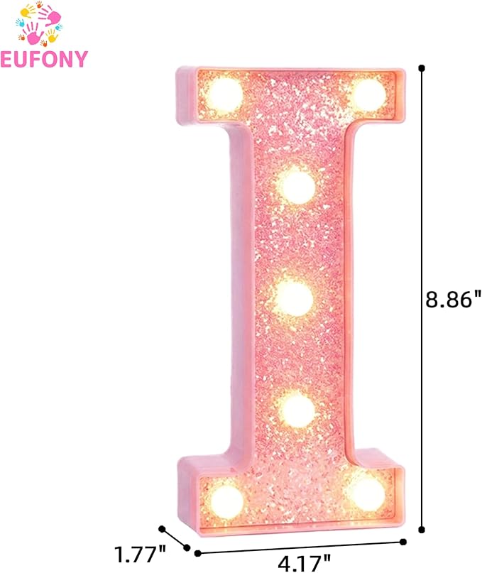 Pink Marquee Light Up Letters, Glitter Alphabet LED Letter Lights for Pink Birthday Party Decorations, Battery Operated Letter Sign for Girls Room Vanity Table Decor, Warm White Lights Letter I