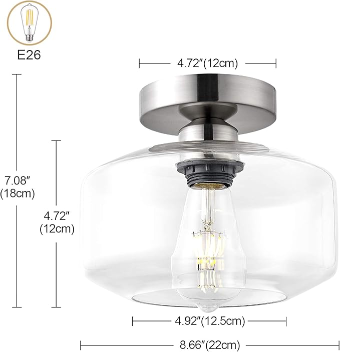 TeHenoo Semi Flush Mount Ceiling Light,Clear Glass Shade, E26 Socket,Brushed Nickel Ceiling Light Fixtures for Hallway,Entryway,Porch