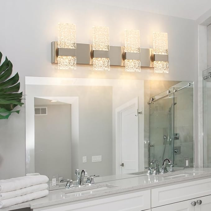 Modern Brushed Nickel 8-Lights Bathroom Vanity Light, Eleglant Nickel LED Bathroom Light Fixtures over Mirror, Dimmable Acrylic Shade Wall Lighting Fixtures, Hardwired Wall Light(H9.25in, L28.35in)