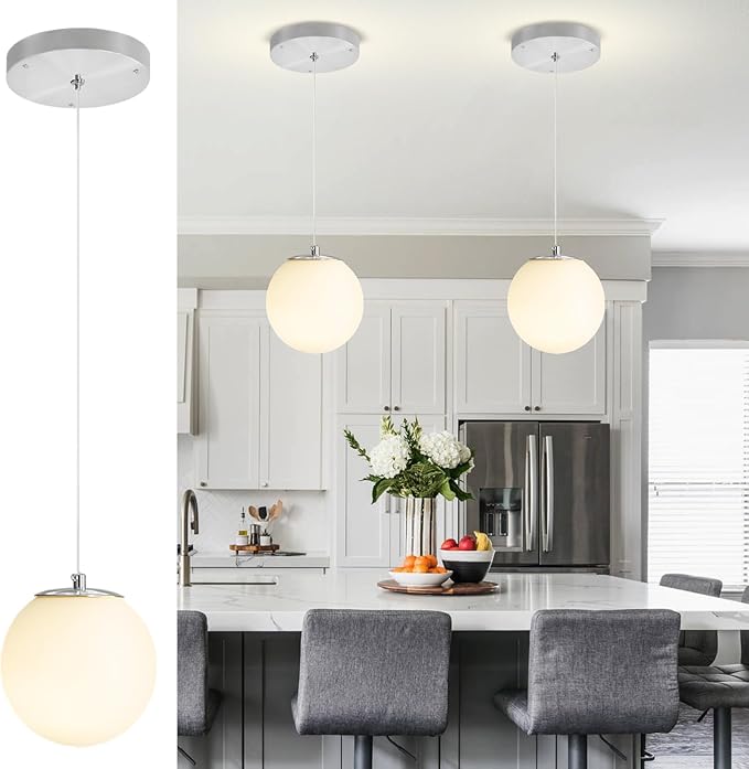 ykolupty 1-Light Modern Globe Pendant Light Fixtures Silver Chandelier with White Globe Glass Dimmable Ceiling Light Glass Pendant Light for Kitchen Island, Dining Room, Living Room, Entry Hallway