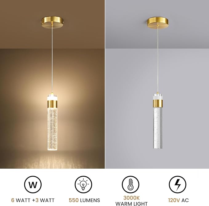 Gold Pendant Lights Kitchen Island 3 Pack Crystal Hanging Pendant Light Fixtures with Crystal Bubble 3000K LED Modern Pendant Ceiling Lighting for Dining Room Restaurant Living Room Bedroom