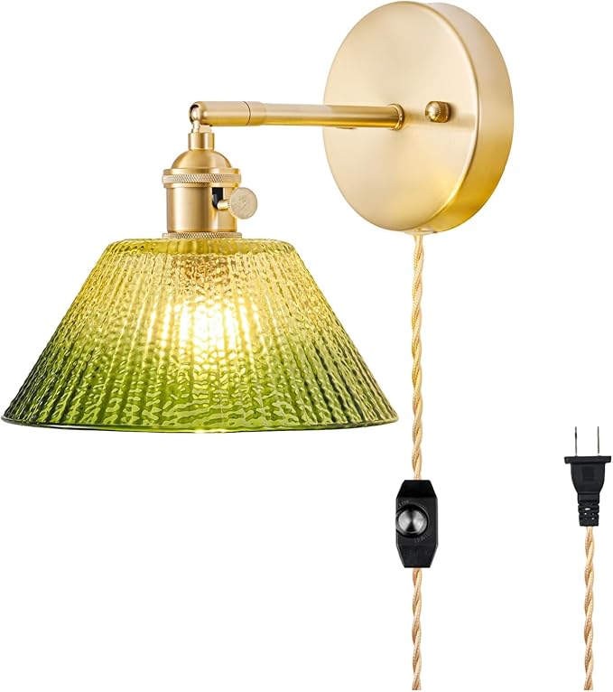 Plug in Wall Sconce, Vintage Sconce Light with Gradient Green Glass Lampshade, Bedside Wall Sconce with Switch and Plug in Wall Lamp Cord, Gold Wall Light for Bedroom