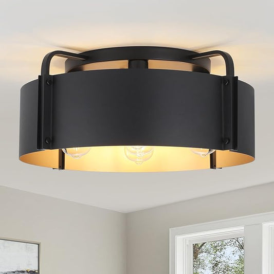Flush Mount Ceiling Light, 5-Light Large Industrial Ceiling Light Fixture Matte Black with Gold Inside Close to Ceiling Lights for Living Room Kitchen Island,E26 Base (Not Included Bulb)