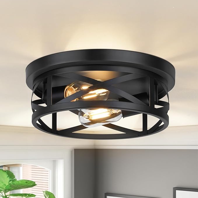 Bosceos 2-Light Flush Mount Ceiling Light Fixtures, 2-Pack Farmhouse Black Ceiling Lights, Industrial Metal Cage Light Fixtures with Adjustable Head for Bedroom Hallway Kitchen
