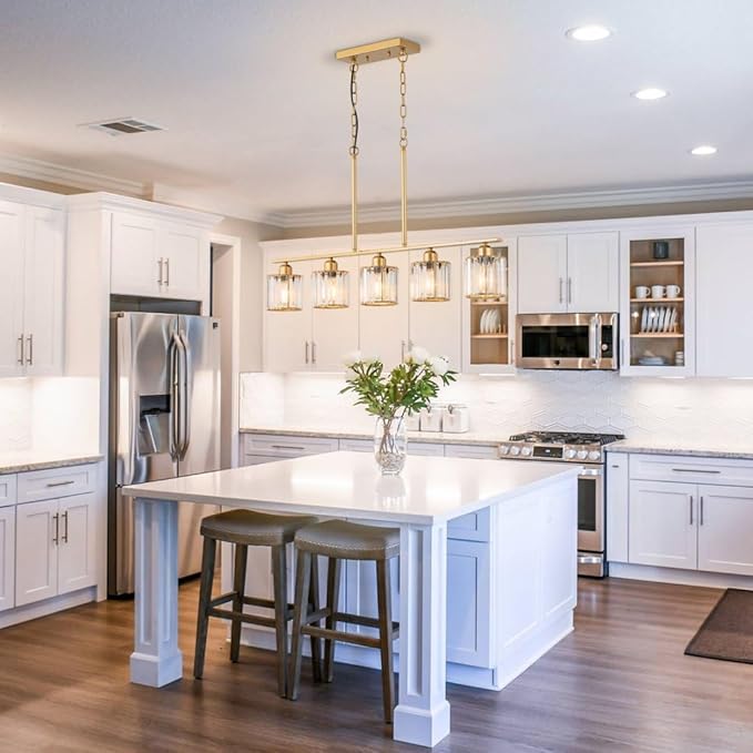 36" Chandeliers for Dining Room, Brass Pendant Lights Kitchen Island Lighting, 5-Light Gold Dining Room Light Fixture Chandeliers over Table Brushed Gold Island Lights for Kitchen, K9 Crystal Shades