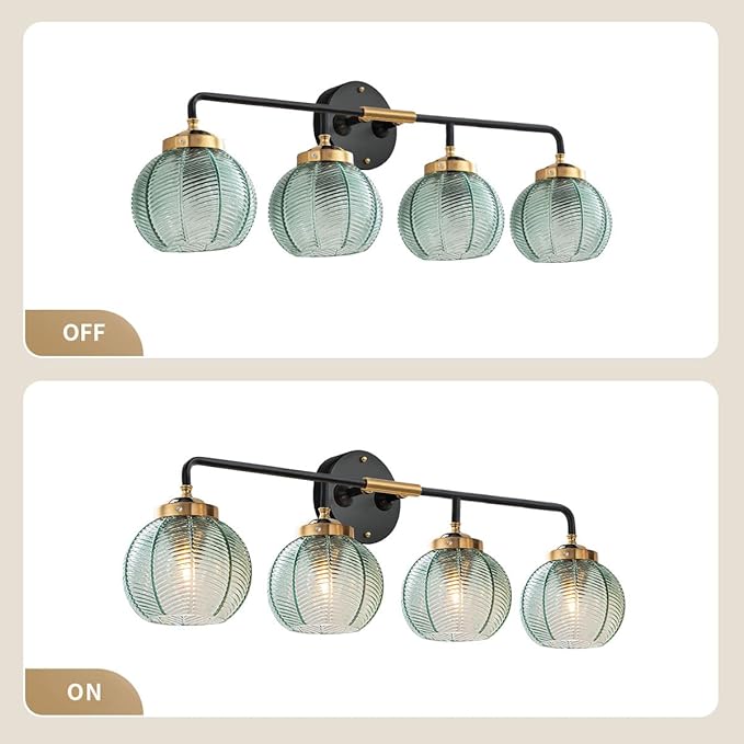 2-Pack Glass Wall 4-Lights Bathroom Vanity Light fixtures Green Glass Globe Shade Mid Century Modern Light Fixture Black Large Wall Sconce for Over Mirror Bath Living Room Cabinet