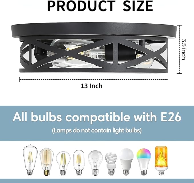 Cage Flush Mount Ceiling Light Fixtures, 3-Light Farmhouse Light with Metal, 13 Inch Black Industrial Close to Ceiling Lights for House Indoor Living Room, Kitchen, Entryway and Foyer
