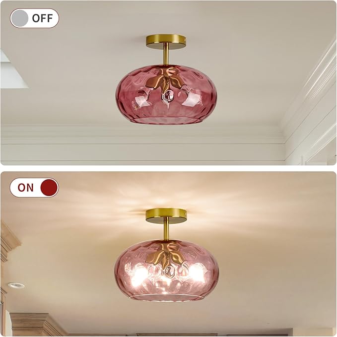 Red Glass Semi Flush Mount Ceiling Light - 12 Inch Hammered Glass Hallway Light fixtures, Vintage Gold Flush Mount Ceiling Light,Mid Century Light Fixture for Entryway Laundry Room Foyer Porch