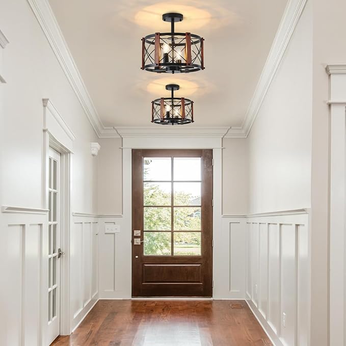 4-Light Rustic Farmhouse Semi Flush Mount Ceiling Light, Modern Entryway Hallway Light Fixtures Oak Wood Drum Kitchen Lights Black Close to Ceiling Light for Kitchen Bedroom Dining Room Foyer Lighting