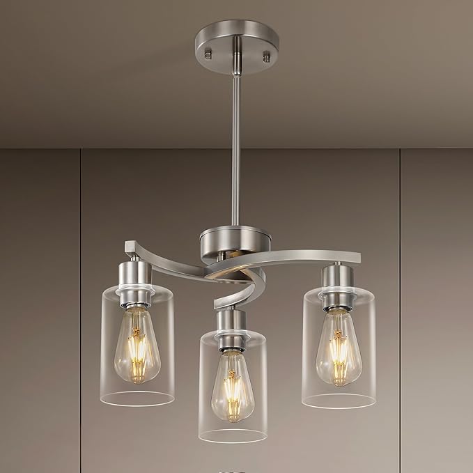 3 Light Brushed Nickel Dining Room Light Fixture,Modern Kitchen Chandeliers Over Table，Adjustable Height Industrial Hanging Pendant Lights for Kitchen Island with Glass Shade
