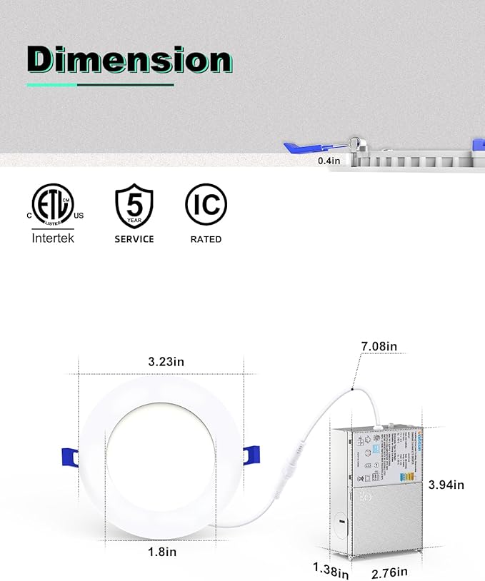 VOLISUN 12 Pack 3 inch Recessed Lighting, 5CCT LED Recessed Light with Junction Box, 2700K-5000K Selectable, Dimmable Canless Wafer Downlight, LED Ceiling Light ETL Certificated