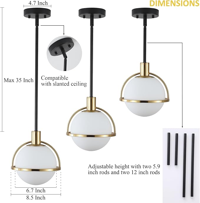 2 Pack Modern Mid Century Globe Pendant Lights,Brass Gold and Black Kitchen Island Pendant Lighting with Milk White Glass Shade,Hanging Pendant Light Fixtures for Living Room Bedroom