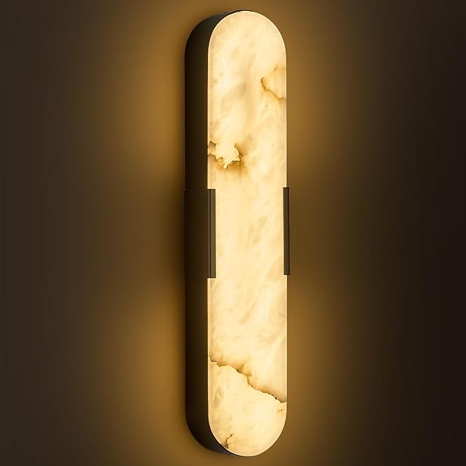 Alabaster Wall Sconces 20" Black Natural Marble Wall Sconce LED Hardwired Lighting Fixture Marble Bathroom Vanity Sconce Luxury Indoor Alabaster Wall Lamps for Living Room Hallway Stairway