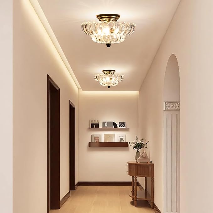Semi Flush Mount Ceiling Light, Vintage Glass Close to Ceiling Light Fixtures with 3 Lights, Modern Black Flush Mount Ceiling Lights for Hallway, Bedroom, Kitchen, Living Room
