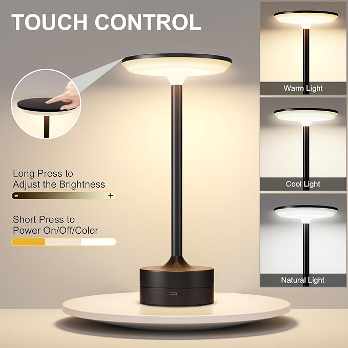 FRIDEKO HOME Cordless Table Lamp Portable LED Desk Lamp Battery Operated 3 Color Desk Light Stepless Dimming Night Light for Restaurant/Bedroom/Bars/Outdoor Party/Camping/Coffee Shop