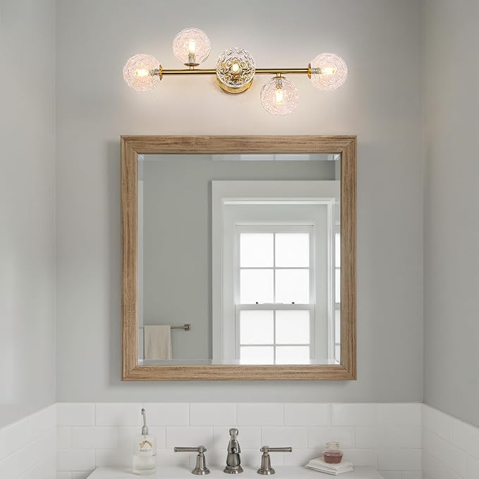 Gold Brass Globe Vanity Light - Vintage 5-Lights Wall Sconce - Sphere Round Lights Fixture with Hammered Clear Glass Shade - Mid Century Modern Sconces for Bathroom Bedroom Living Room Entryway Porch