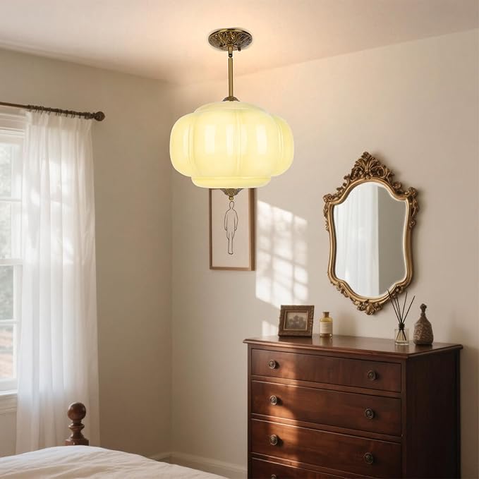 15in White Milk Glass Ceiling Light, LED Bulb Included, Vintage Schoolhouse Semi Flush Mount Pendant Light Art Deco Chandelier for Kitchen Dining Room Hallway Bedroom, Antique Gold & White