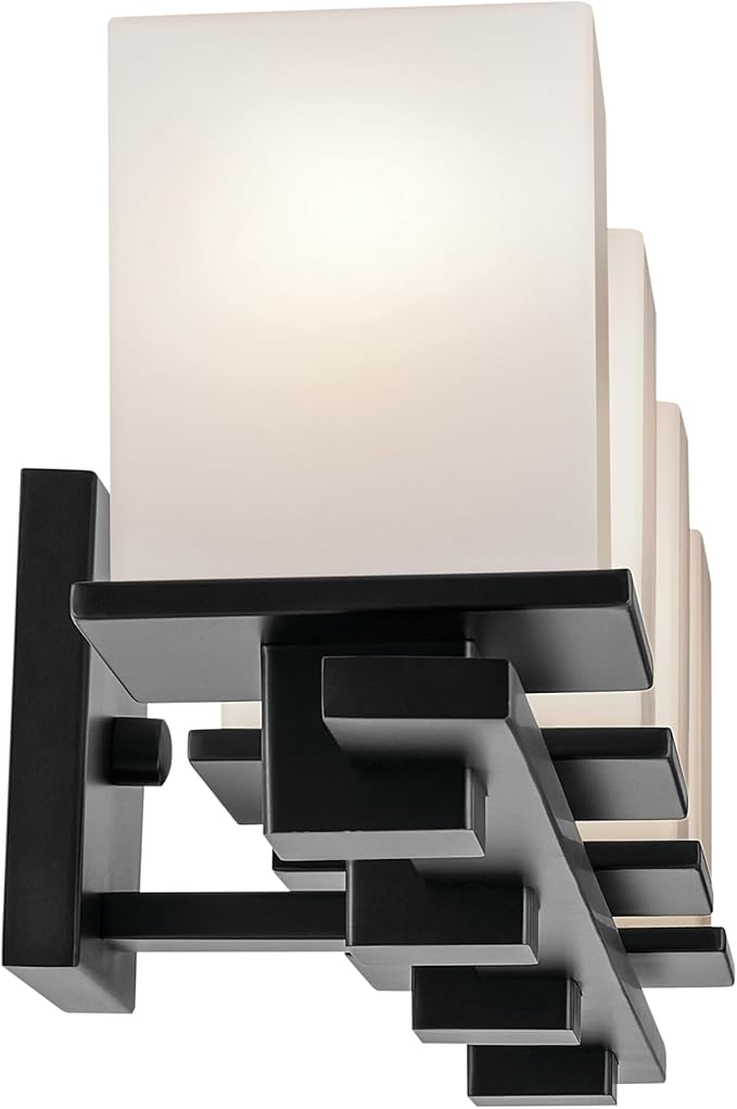 Kichler Tully 32" 4-Light Bathroom Vanity Light Fixture with Satin Etched Cased Opal Glass in Black for Over Mirror, Modern Wall Mount Lighting (32" x 6.5" x 7"), 45152BK