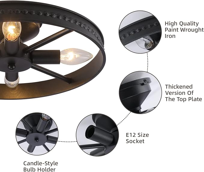 Round Ceiling Light Fixture 4-Lights Semi-Flush Mount Ceiling Light Fixture Black Rustic Metal Farmhouse Chandelier for Kitchen Island Dining Room Hallway Entryway Bedroom Living Room