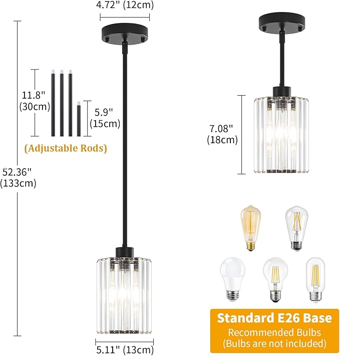 3-Pack Black Pendant Lights Kitchen Island Modern Crystal Hanging Pendant Light Hexagonal Mini Chandelier Adjustable Hanging Kitchen Lights for Dining Room Hallway Bedroom Entryway Light Fixtures