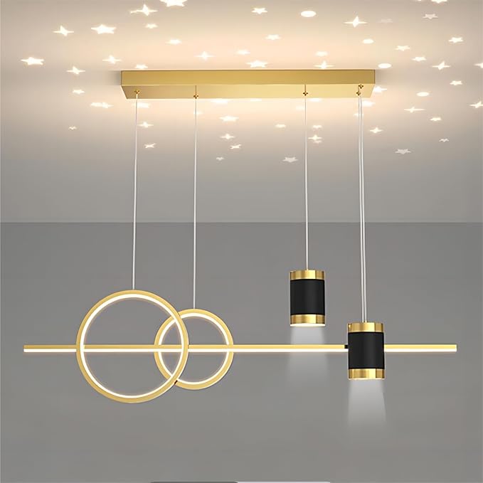 5 Lights LED Island Light, 39.4 Inch Creative Island Light with Remote Control & Infinitely Dimmable Hanging Light, Geometric Linear Pendant Light for Dining Room, Gold