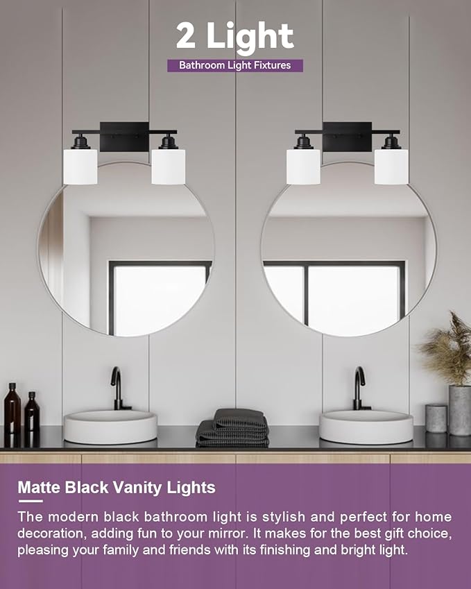 Sailstar Modern Bathroom Lights - 2-Light Vanity Fixtures with Milky White Glass Shades, Anti-Rust Matte Black Finish, E26 Base