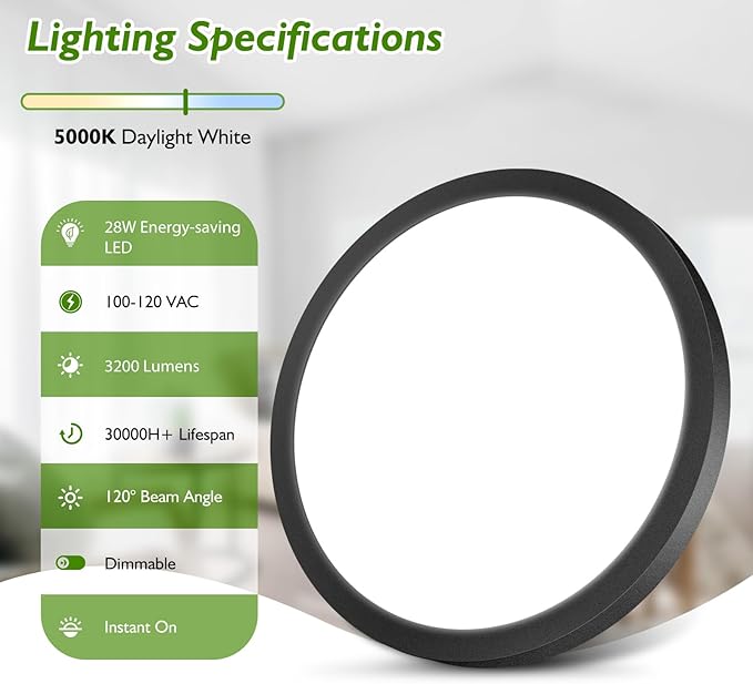 12Inch Flush Mount LED Ceiling Light Fixture Black, 28W 3200Lm Dimmable Modern Recessed Ceiling Lamp, 5000K Daylight White Round Low Profile Ceiling Light for Kitchen Closet Bedroom Hallway, 6-Pack