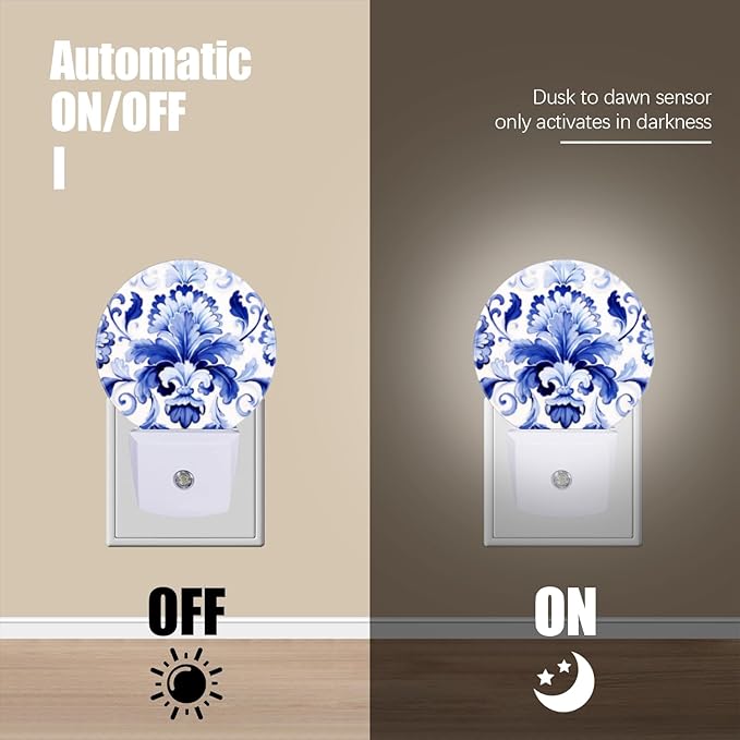 Round LED Night Lights Lamp with Dusk to Dawn Sensor, Beautiful Blue And White Hand-Painted Floral Ornament On The Tile Night Light Plug Into Wall for Kids Room, Bedroom, Bathroom, Kitchen, Hallway