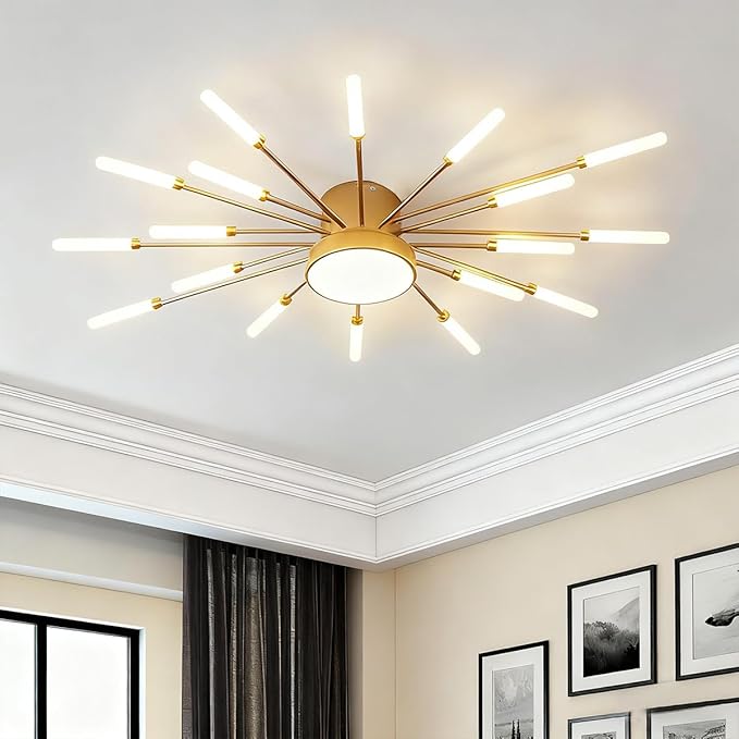 4000K Sputnik Metal Firework Designed Chandelier 18+1 Lights LED Ceiling Light Fixture Modern Flower Shape Ceiling Lamp Gold Flush Mount Ceiling Light for Living Room Bedroom Entryway Light Fixture