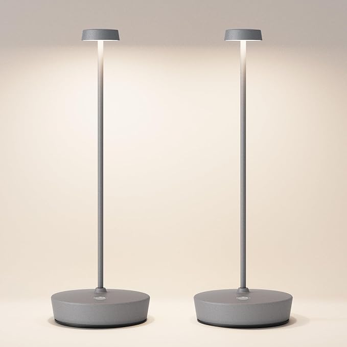 Cordless LED Table Lamp，Rechargeable Battery Desk Lamps, 3 Color Stepless Dimmable Metal Battery Table Lamps, Portable Waterproof Table Light for Indoor/Outdoor/Restaurant (2Pack Gray)