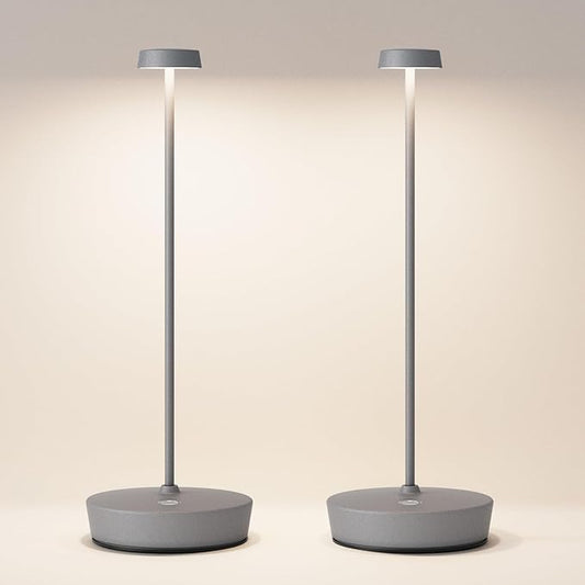 Cordless LED Table Lamp，Rechargeable Battery Desk Lamps, 3 Color Stepless Dimmable Metal Battery Table Lamps, Portable Waterproof Table Light for Indoor/Outdoor/Restaurant (2Pack Gray)