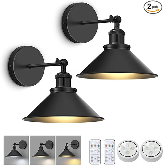 Battery Operated Wall Sconce Set of 2,Vintage Sconces Wall Decor Set of 2 with Remote,Dimmable Wall Lights for Living Room,Wall Lamp Fixture Indoor Bedroom Farmhouse Gallery Kitchen,Black