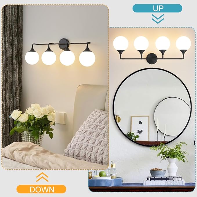 Black Bathroom Light Fixtures, Modern Vanity Lighting Over Mirror, Mid Century Brushed Brass Wall Sconce 4-Light with Milky White Glass Ball Shades