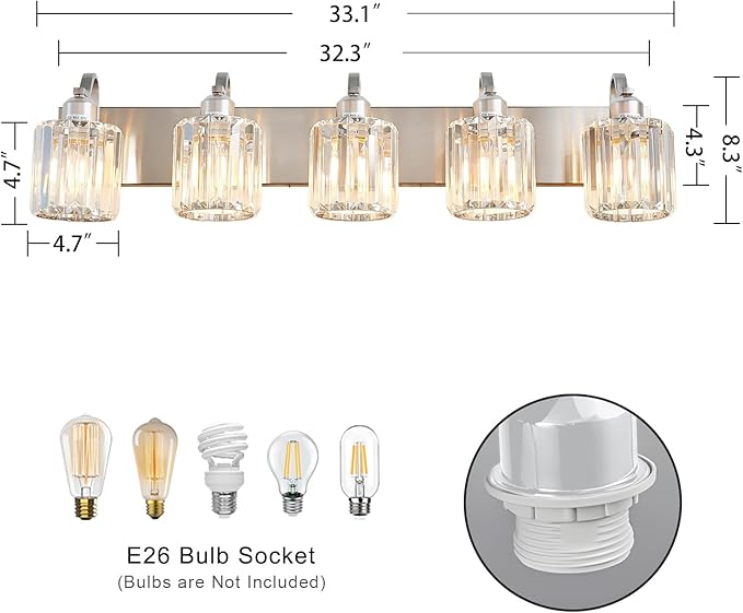 Modern Crystal Bathroom Vanity Light 5 Light Brushed Nickel Vanity Lighting Over Mirror Bathroom Wall Lighting Fixtures with Round Shade (Exclude Bulb)