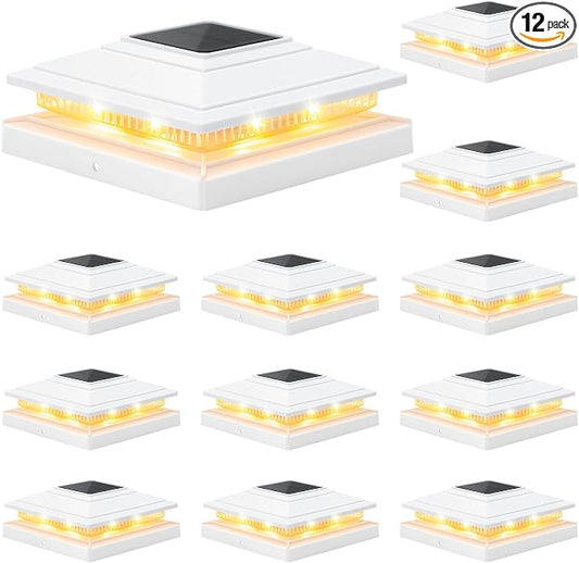 APONUO Solar Post Cap Lights 12-Pack, White IP64 Waterproof 16 LED Fence Post Solar Lights for 4x4 5x5 6x6 Wood/Vinyl Posts, 2-Mode Deck Post Lights Solar Powered, 10-Hr Lighting for Patio Yard Porch