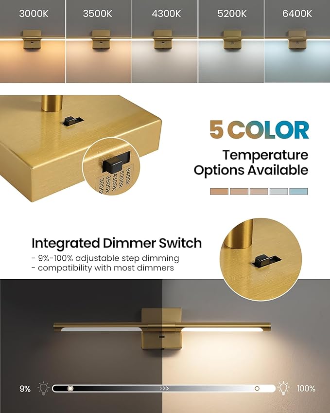 Gold Vanity Light Fixtures for Bathroom Over Mirror 24 inch LED Bath Sconces IP44 5CCT Adjustable Morden Picture Lights for Paintings (Built-in Dimmer)