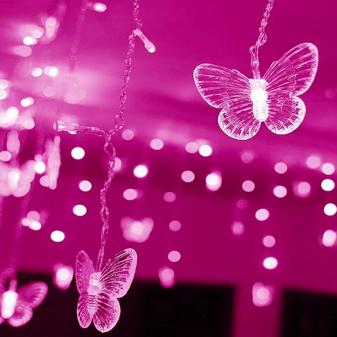 Lainin USB Powered String Light 13FT 96LED Curtain Light 16 Butterflies Strings 8 Mode Fairy Light Strip for Party Indoor Outdoor Room Garden Wall Wedding Christmas Xmas Decorations (Pink)