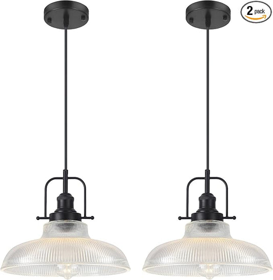 Black Glass Pendant Lights Kitchen Island 2 Pack, 12-inch Ribbed Glass Kitchen Pendant Lights, Farmhouse Pendant Lighting Over Island, Sink, Bar, Vintage Pendant Light for Dining Room