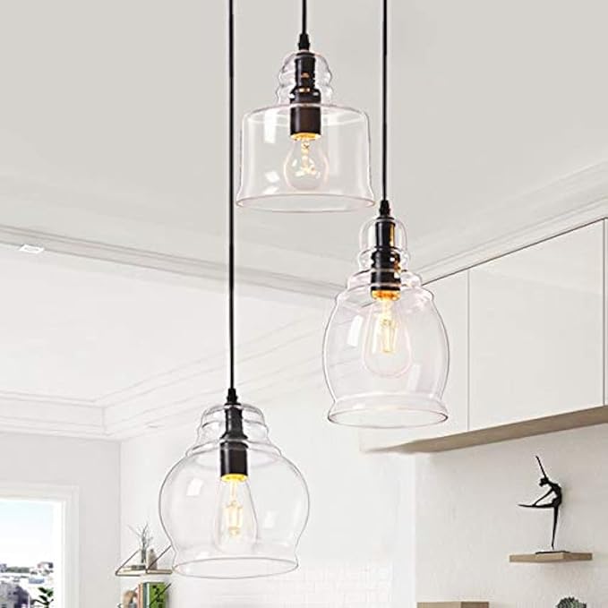 Wellmet Glass Pendant Light Fixtures for Dining Room, Hanging Modern Cluster Pendant Chandelier for Bedroom, 3 Lights Linear Barn Ceiling Kitchen Island Light for Foyer, Hallway