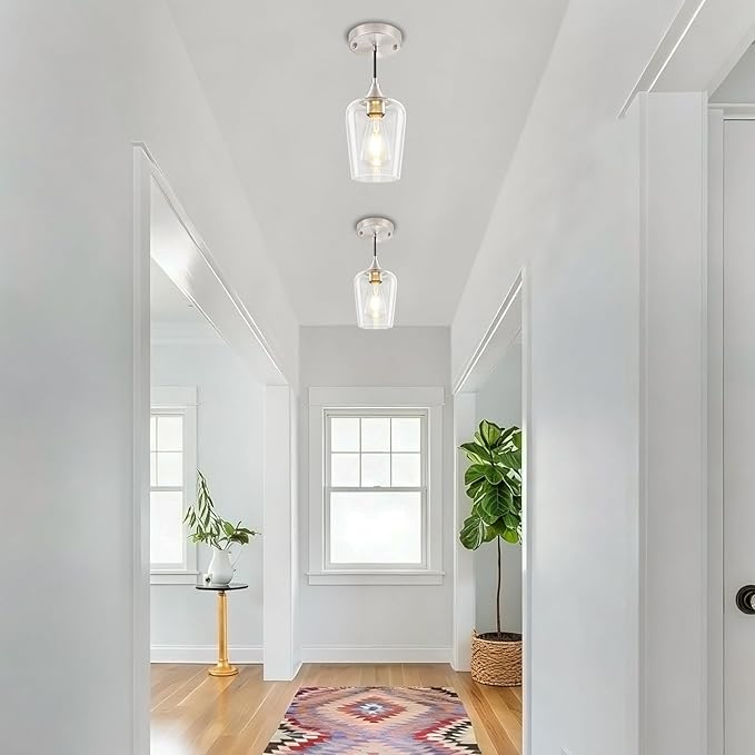 3 Pack Brushed Nickel Pendant Lights Kitchen Island, Modern Glass Pendant Lighting Over Island, Kitchen Hanging Light Fixtures Over Sink Adjustable Mini Pendant Lights for Bathroom Dining Room Hallway